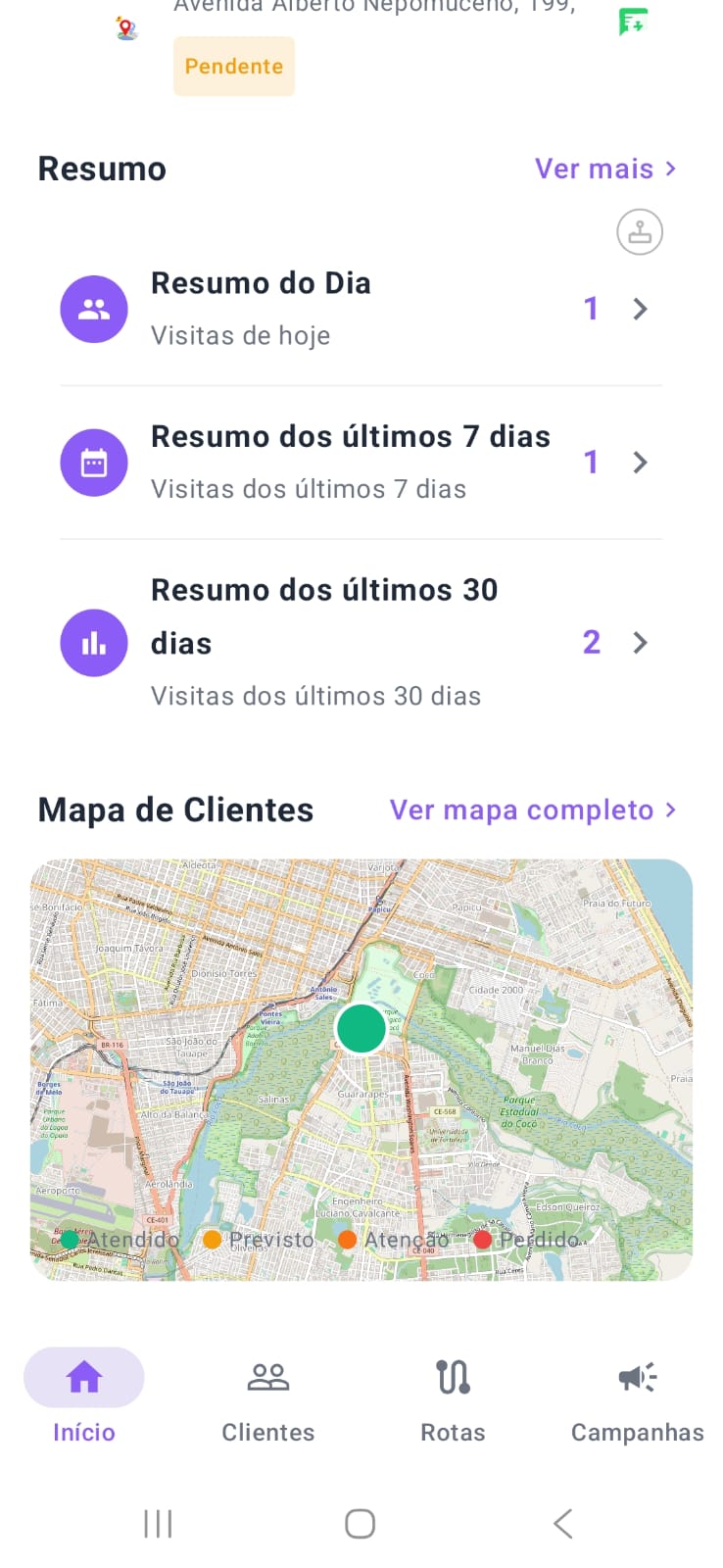 Home mostrando mapa com clientes próximos