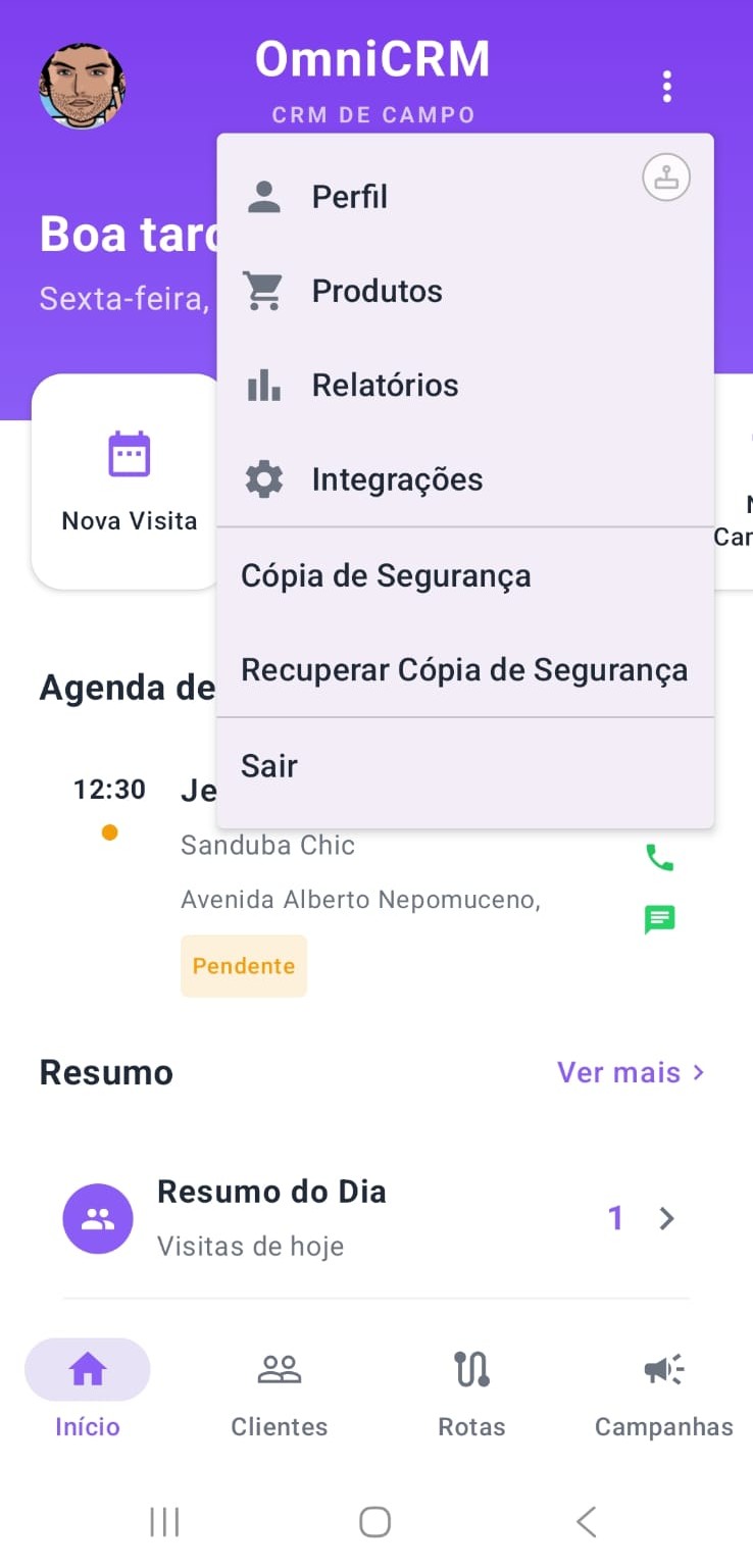 Tela home destacando menus com backup e restauração
